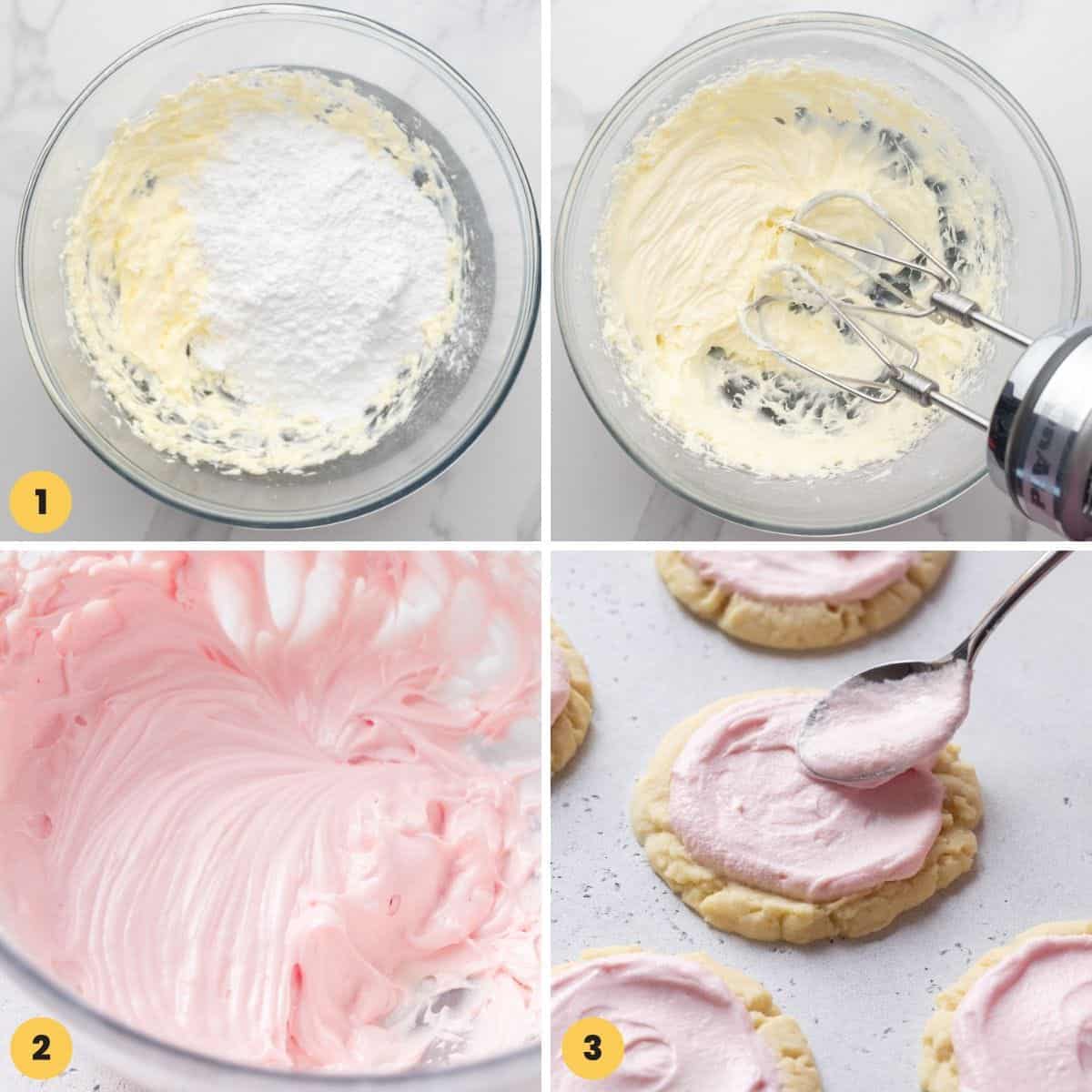 A collage of four images showing how to make pink frosting for swig cookies