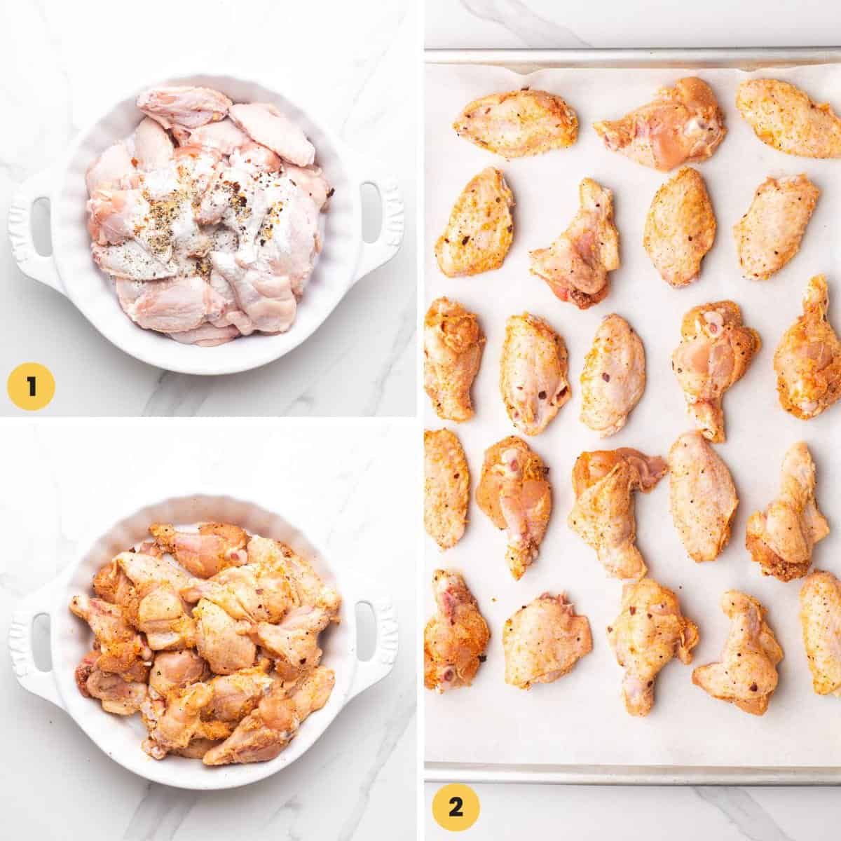Collage of 3 images showing how to season garlic butter chicken wings