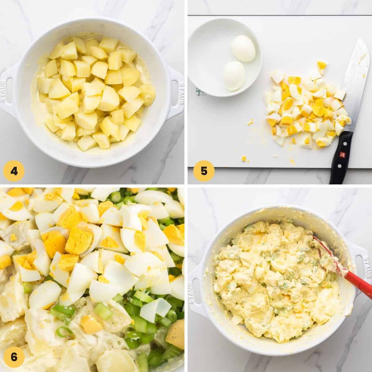 four images showing how to make potato salad with eggs.