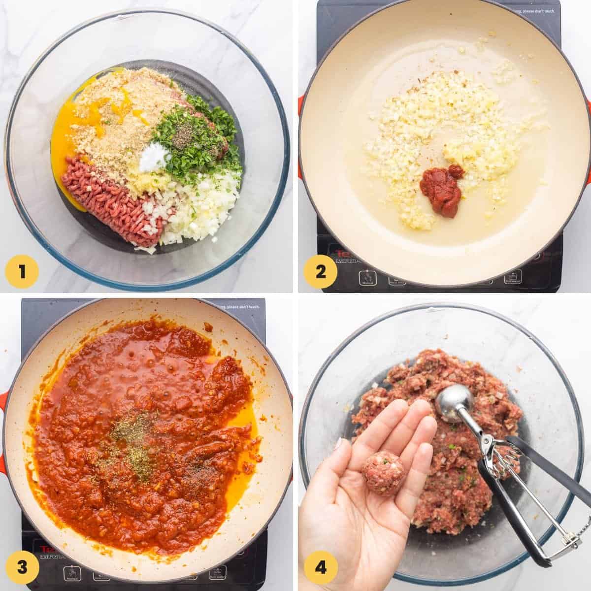 a collage of four images showing how to make homemade meatballs with ground beef and homemade tomato sauce.