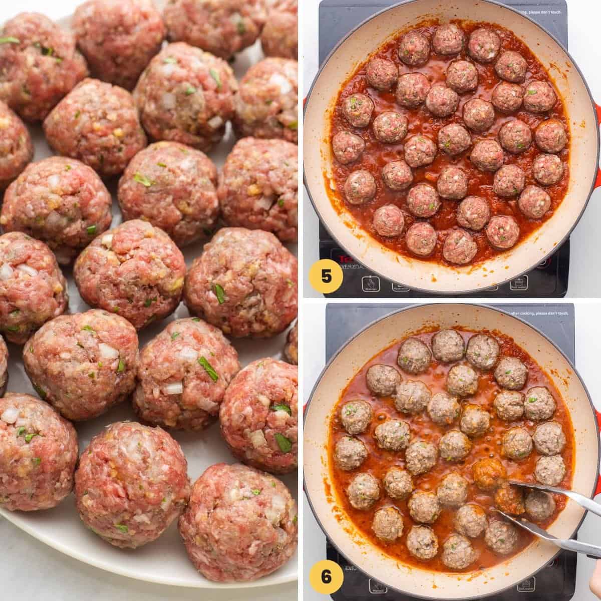 a collage of three images showing how to make meatballs and simmer them imntomato sauce.
