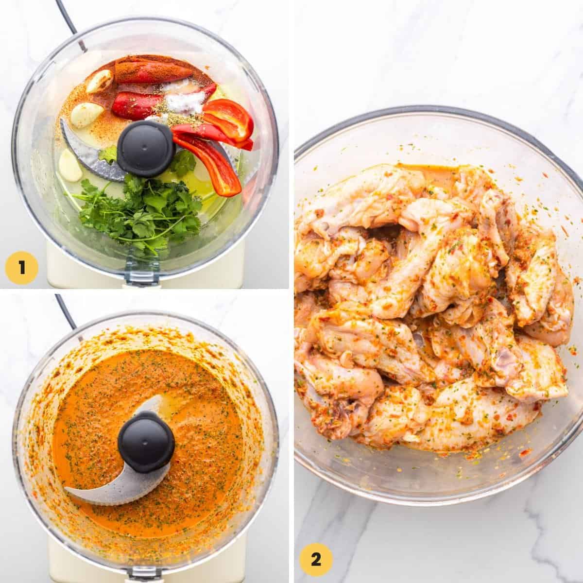 a collage of three images showing how to make a spicy peri peri marinade for chicken wings.