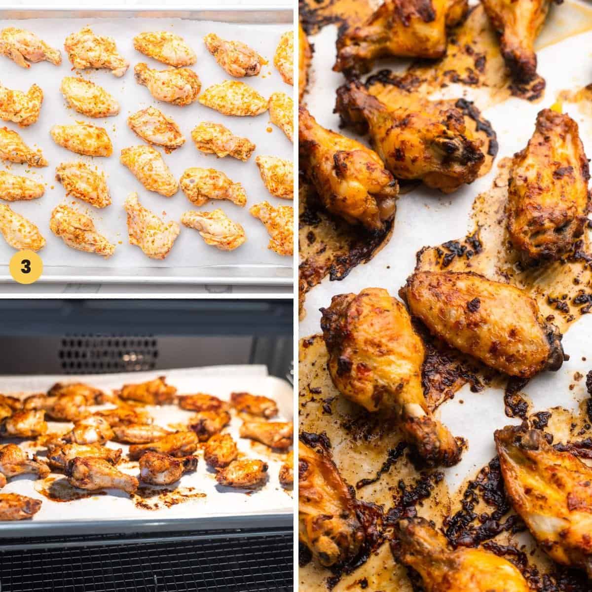a collage of three images showing how to make peri peri chicken wings in the oven.