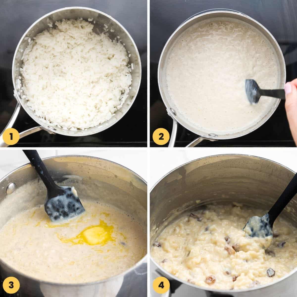 a collage of four images showing how to make old fashioned rice pudding on the stovetop