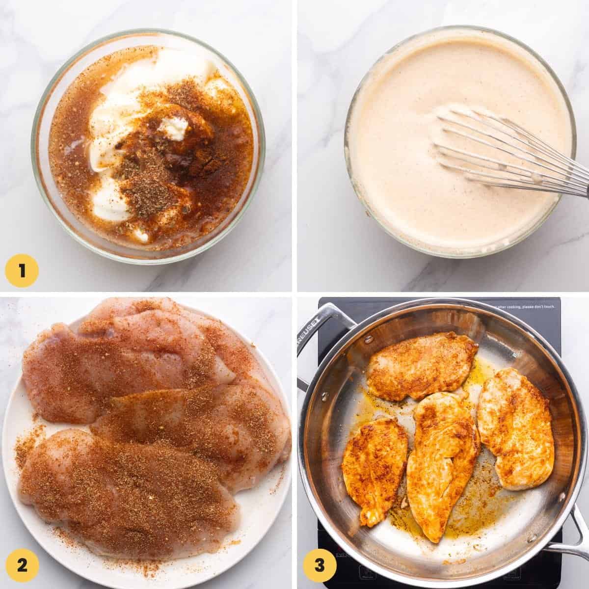 a collage of four images showing how to make dressing and cook chicken for santa fe chicken salad.