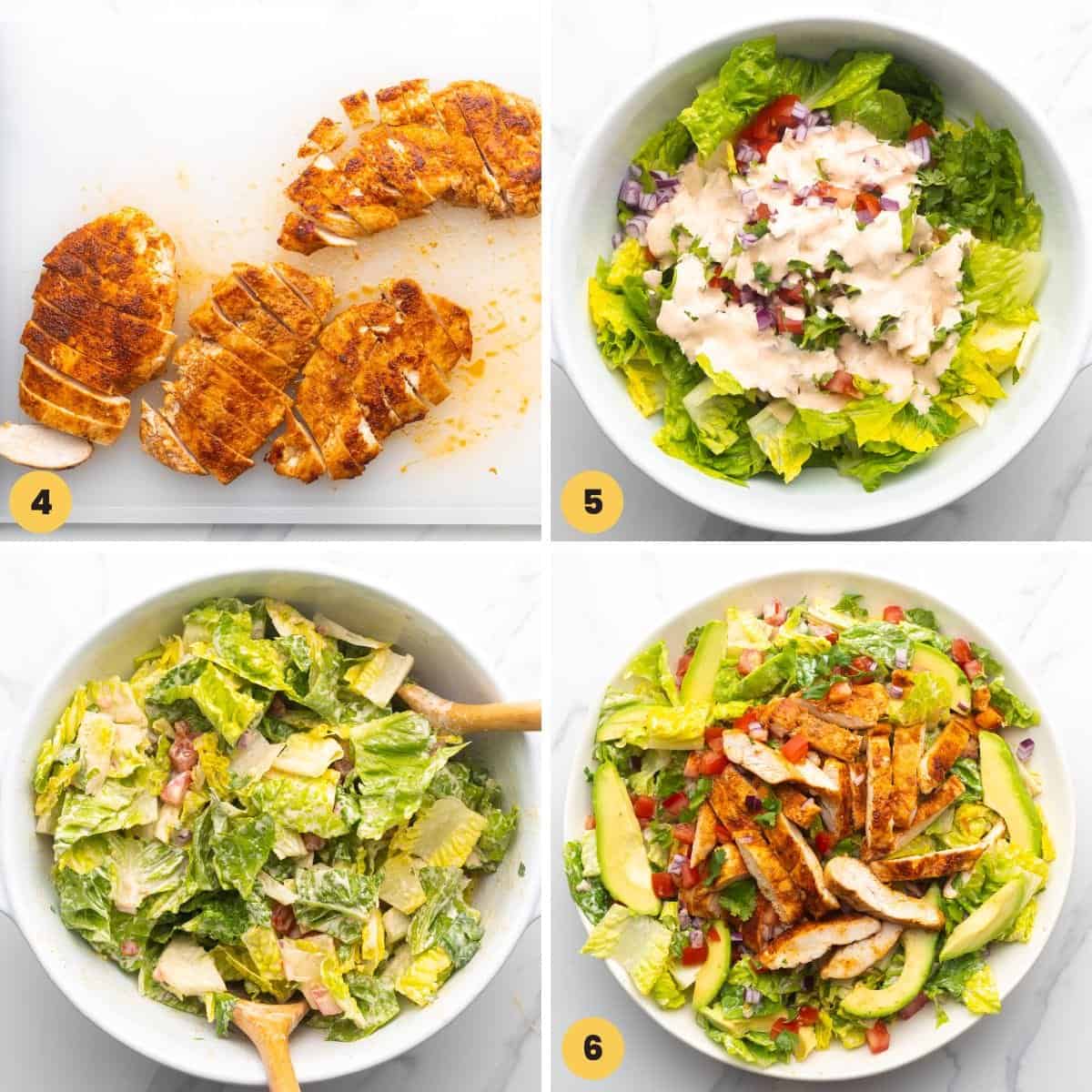 A collage of four images showing how to assemble a santa fe chicken salad.