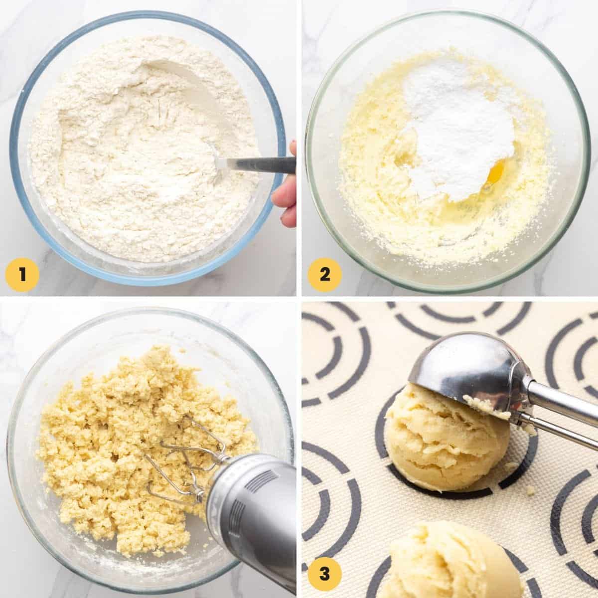 A collage of four images showing how to make swig cookies.