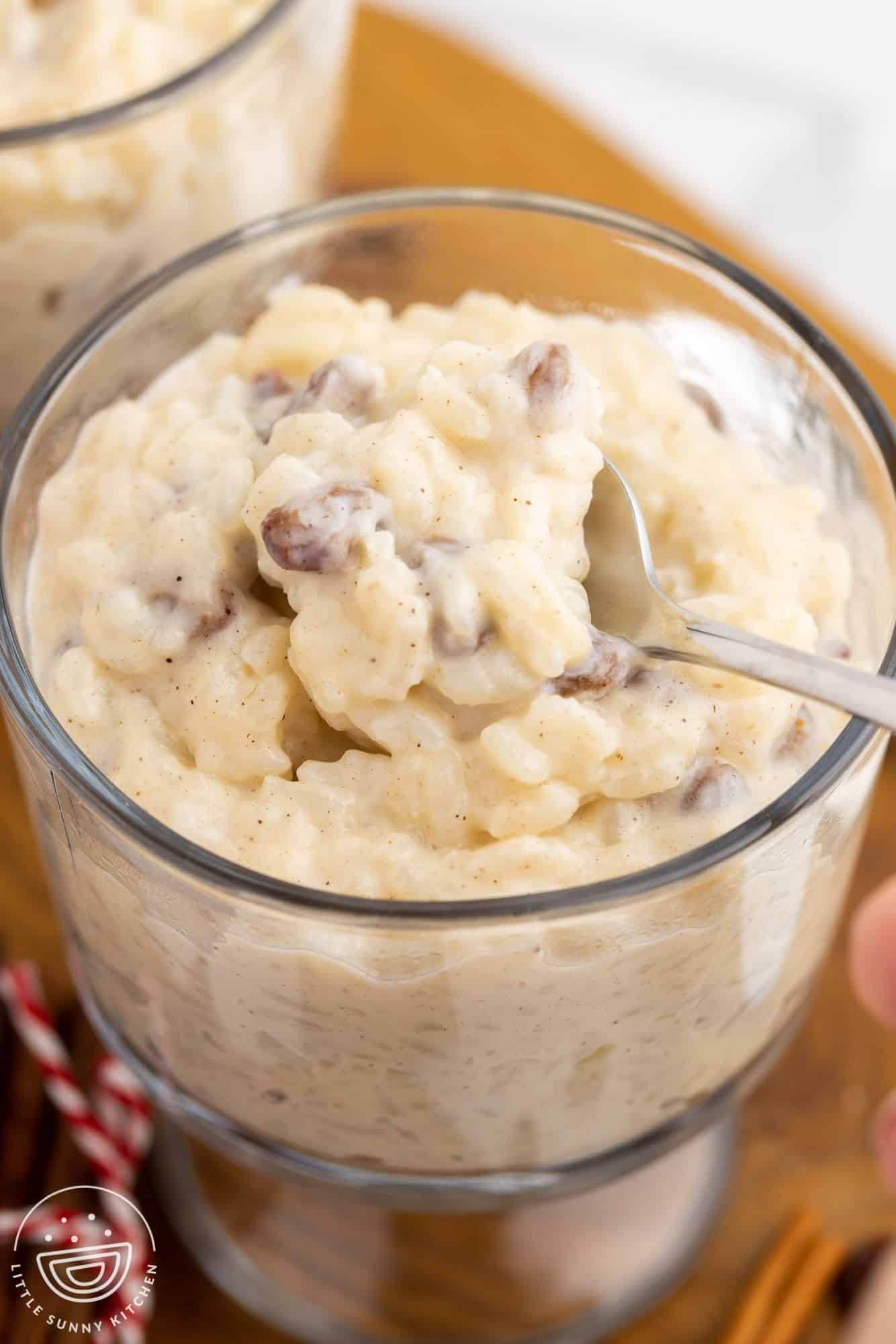 a bowl of homemade rice pudding with raisins. A spoon is lifting up a bite.