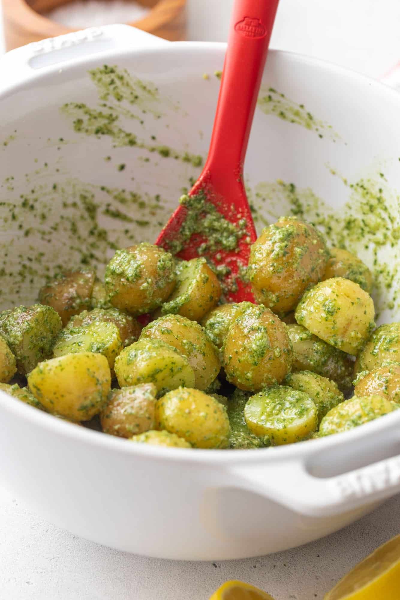 Baby potatoes dressed in basil pesto dressing in a white bowl