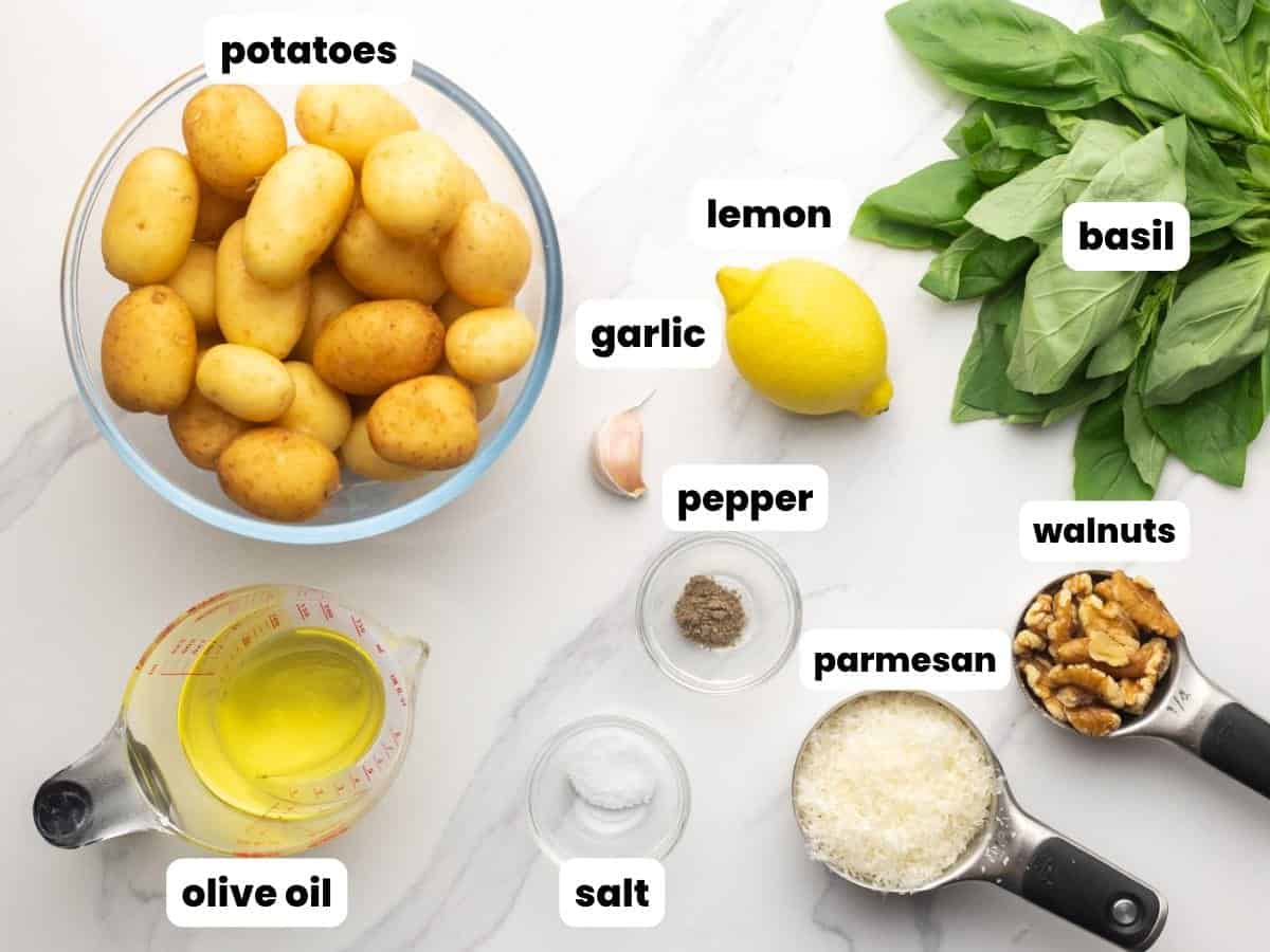 Ingredients needed to make pesto potato salad