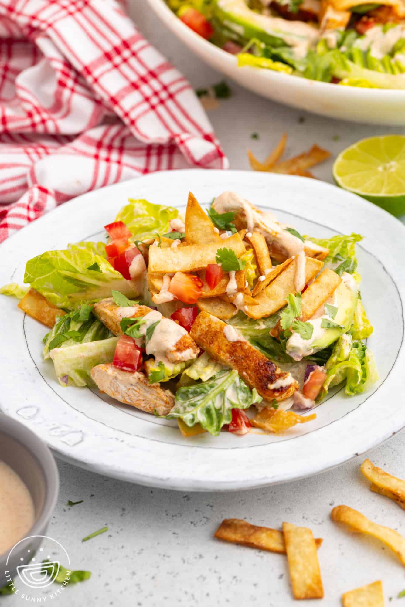 a plate of salad with santa fe chicken, tortilla strips, and creamy dressing.