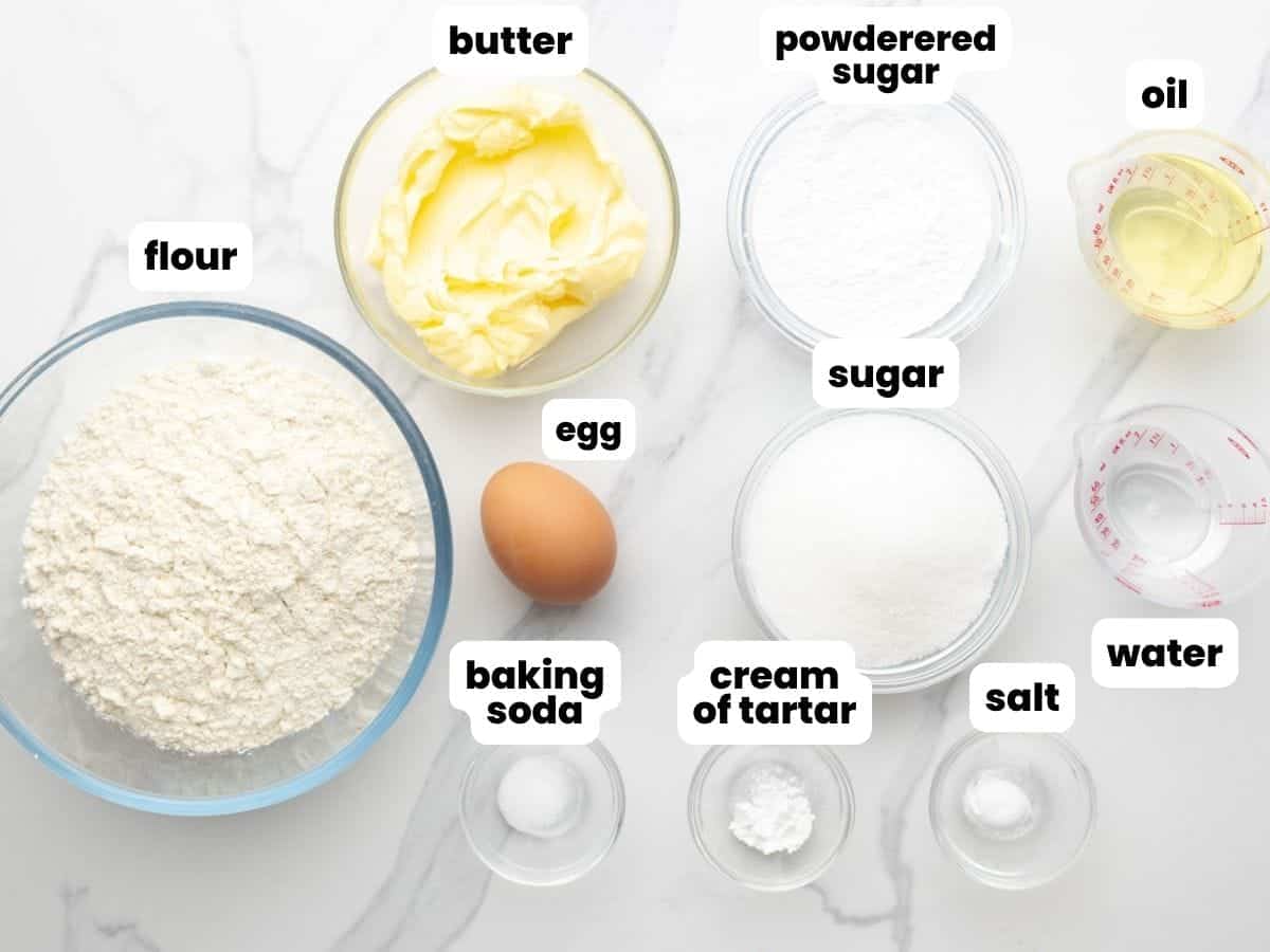 The ingredients in swig cookies, measured into separate bowls and labeled.