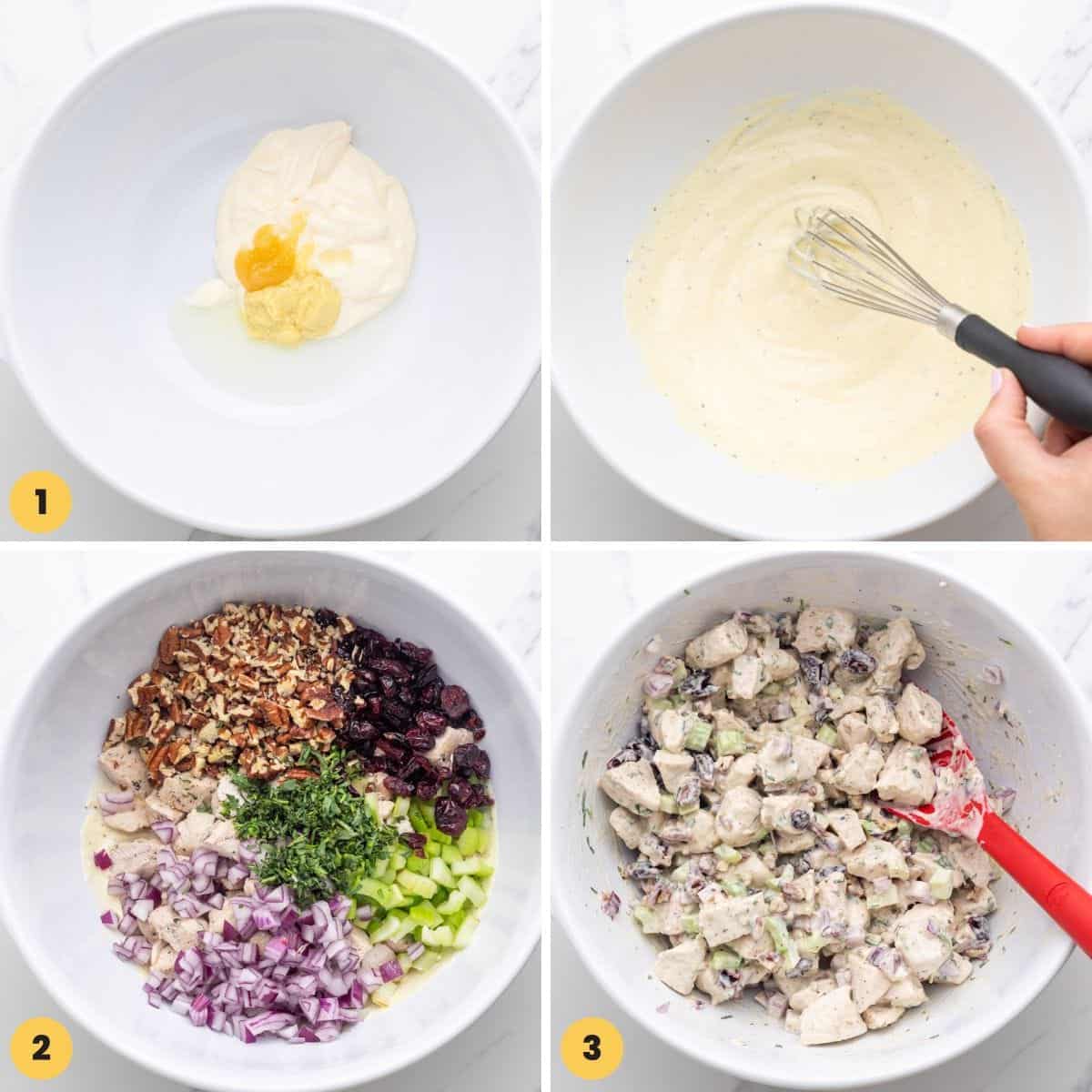 a collage of four images showing how to make homemade chicken salad.
