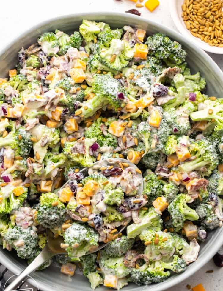 a large serving bowl of creamy broccoli salad, viewed from above.