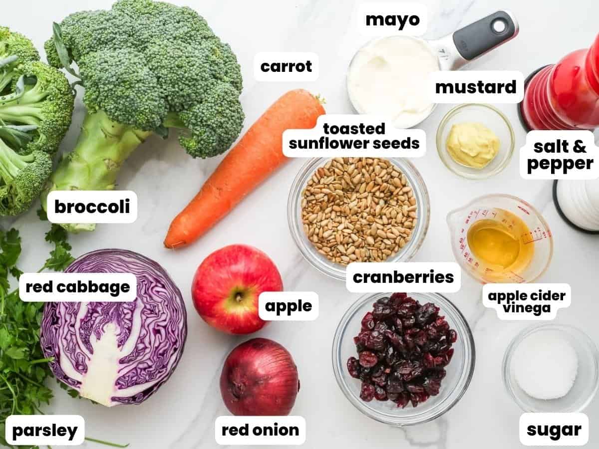 The ingredients needed to make fresh broccoli slaw.