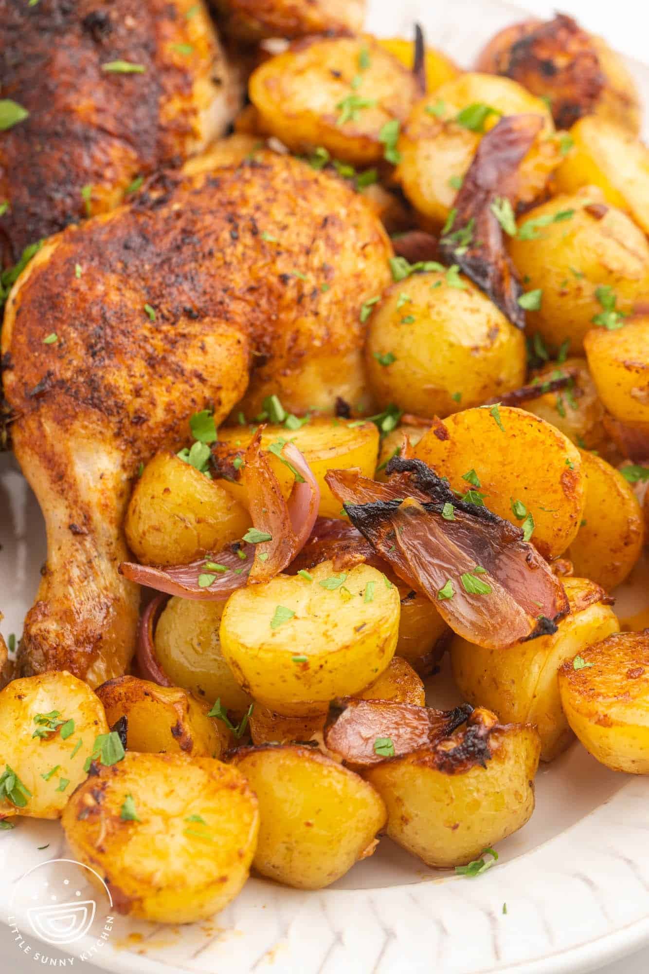 Closeup of perfectly roasted chicken and potatoes.