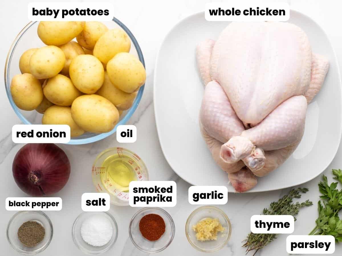 Ingredients need to make chicken under a brick with baby potatoes, herbs, and seasonings.