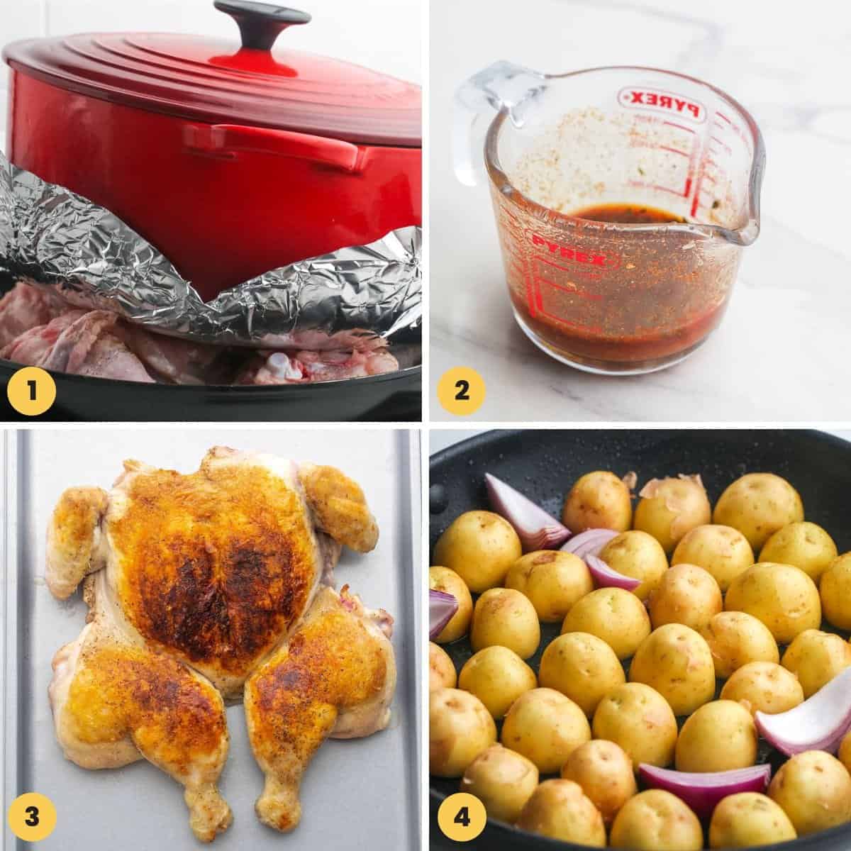a collage of 4 images showing how to make chicken under a brick using a heavy dutch oven as a weight.