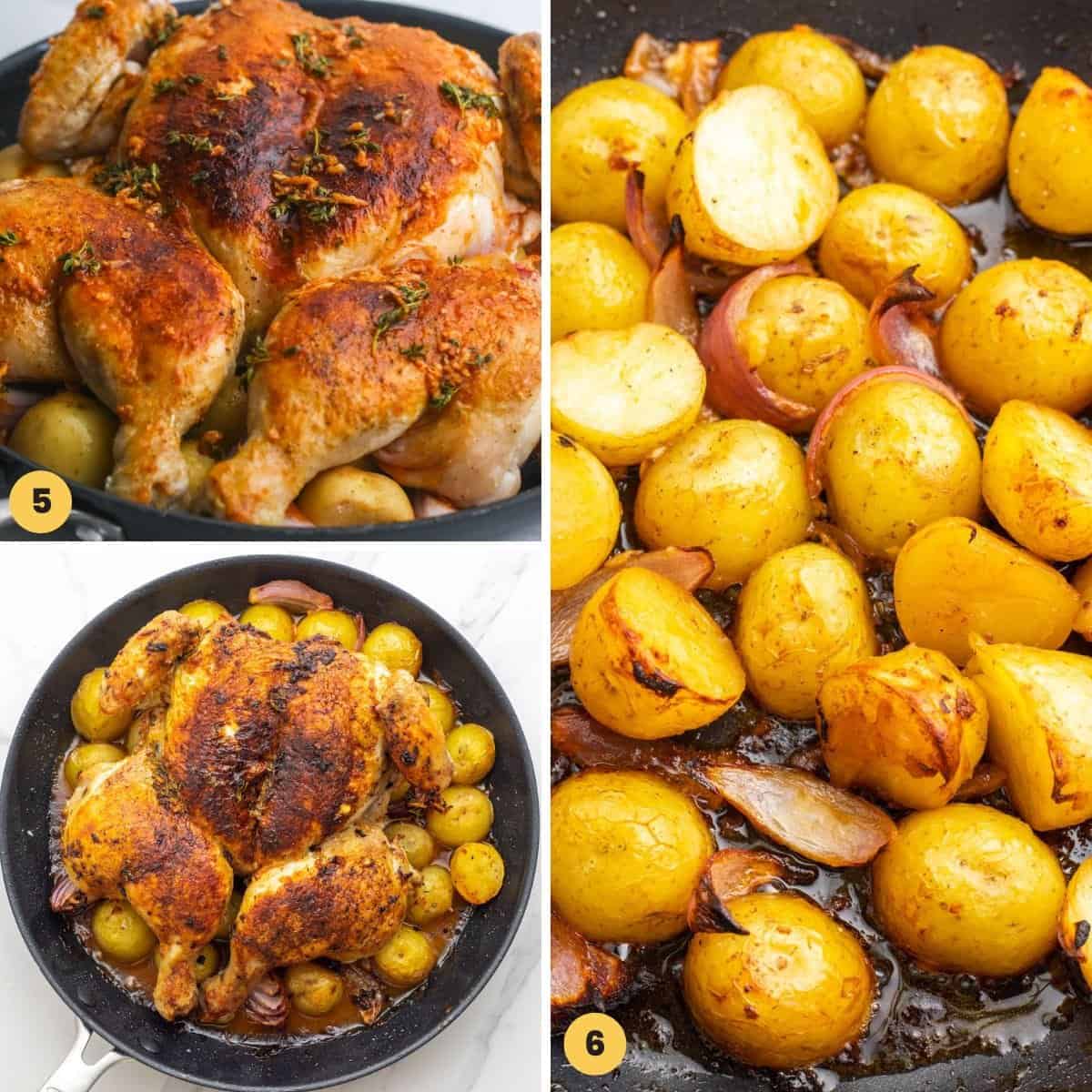 Collage of three images showing how to roast brick chicken in a skillet with halved baby potatoes and onions.