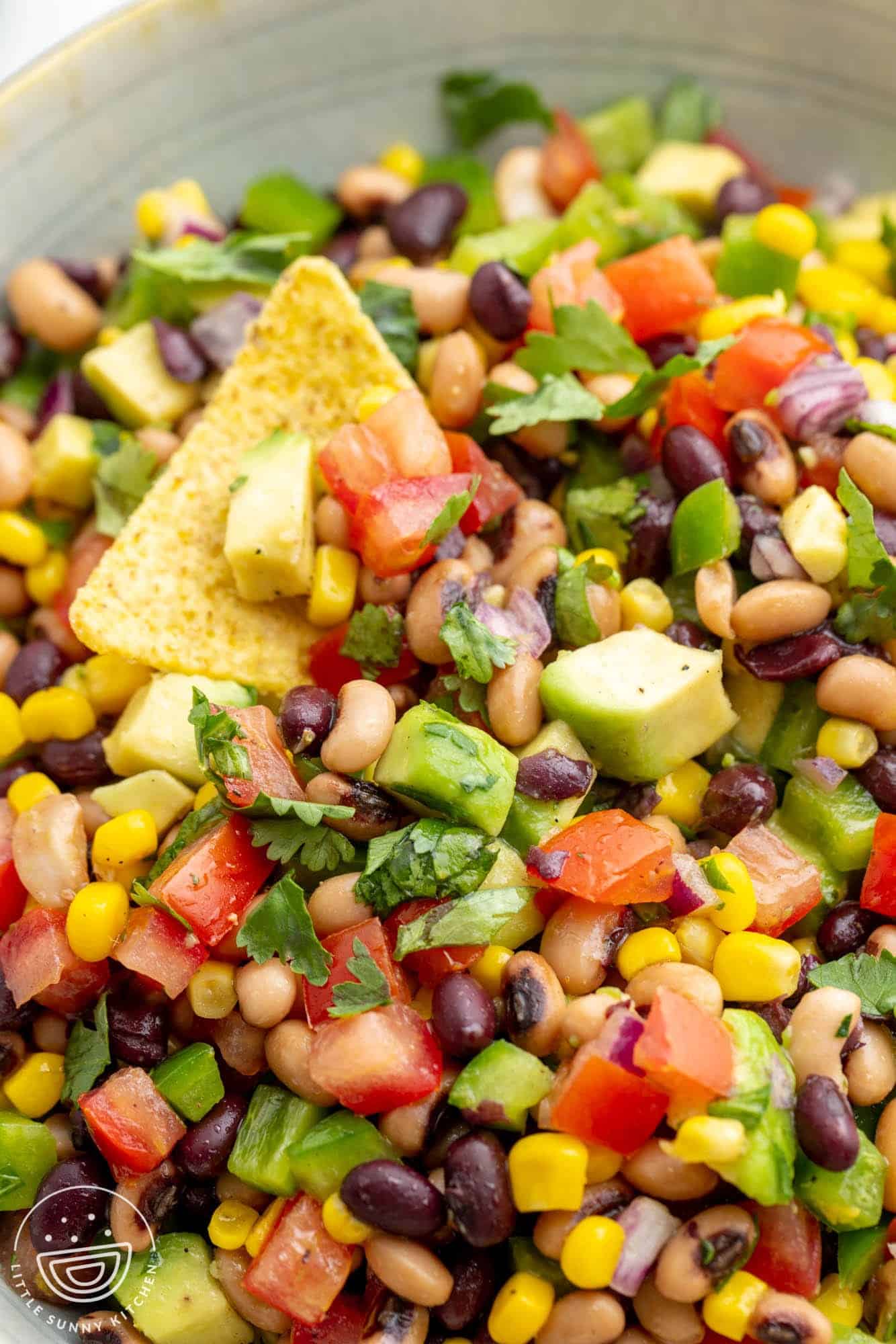 a closeup view of cowboy caviar with fresh cilantro and a chip dipping into it.