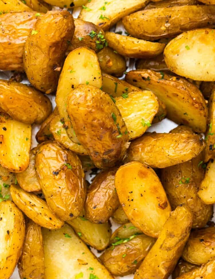 Close up shot of roasted fingerling potatoes