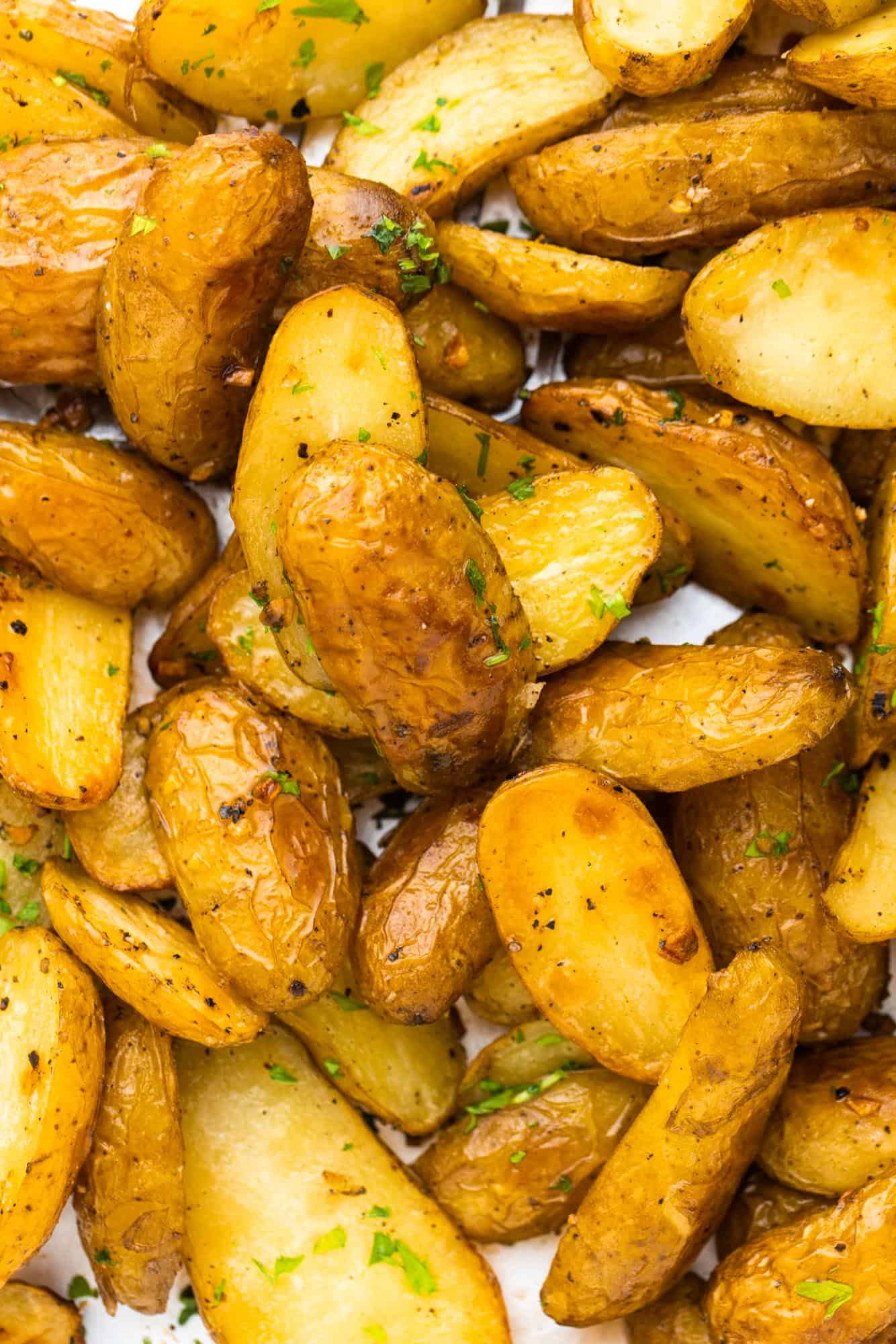 Close up shot of roasted fingerling potatoes