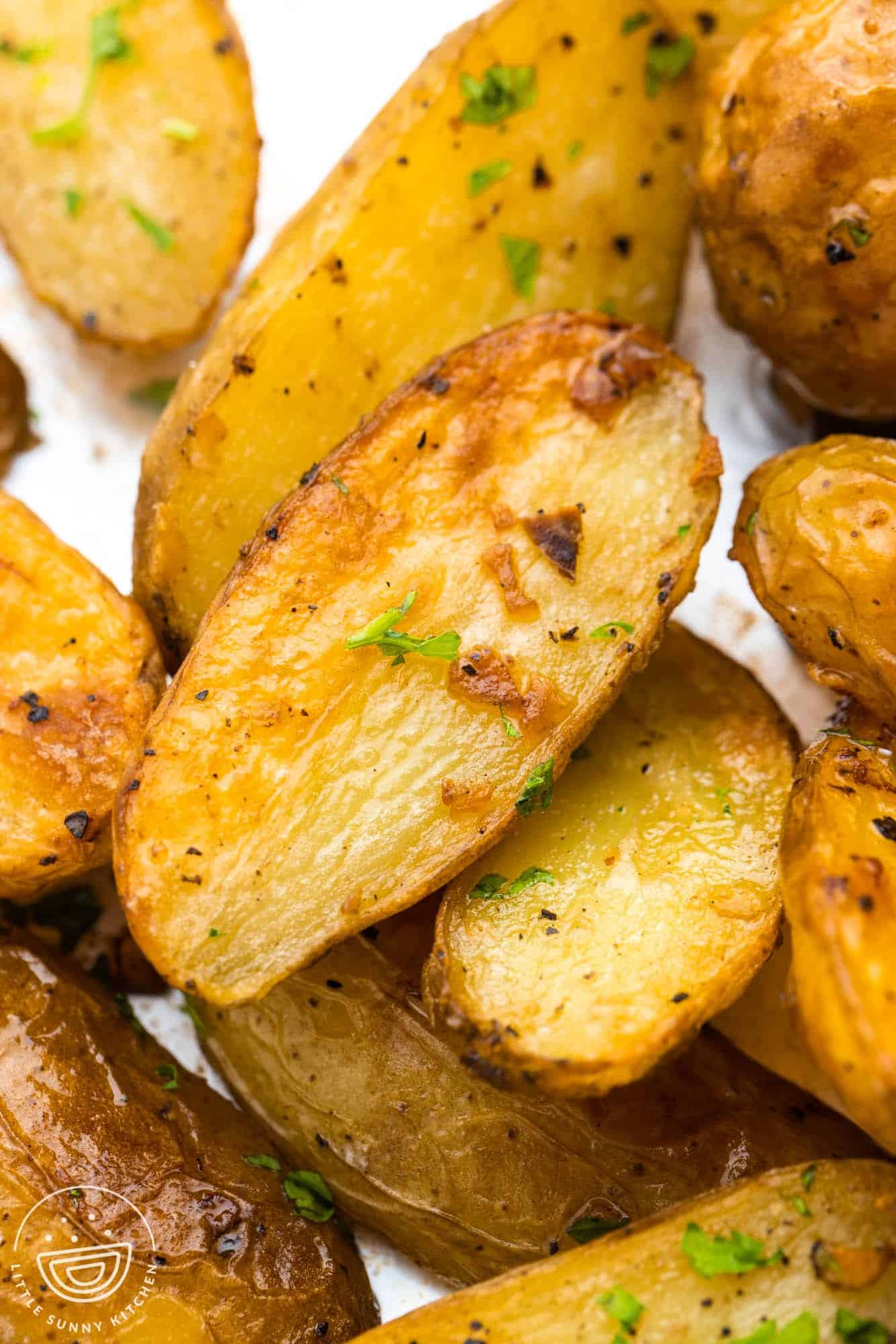 Close up shot of roasted fingerling potatoes