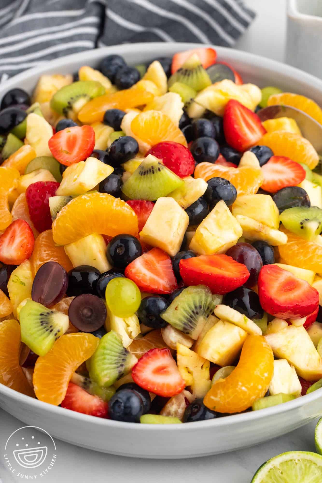 Fruit salad in a large gray bowl