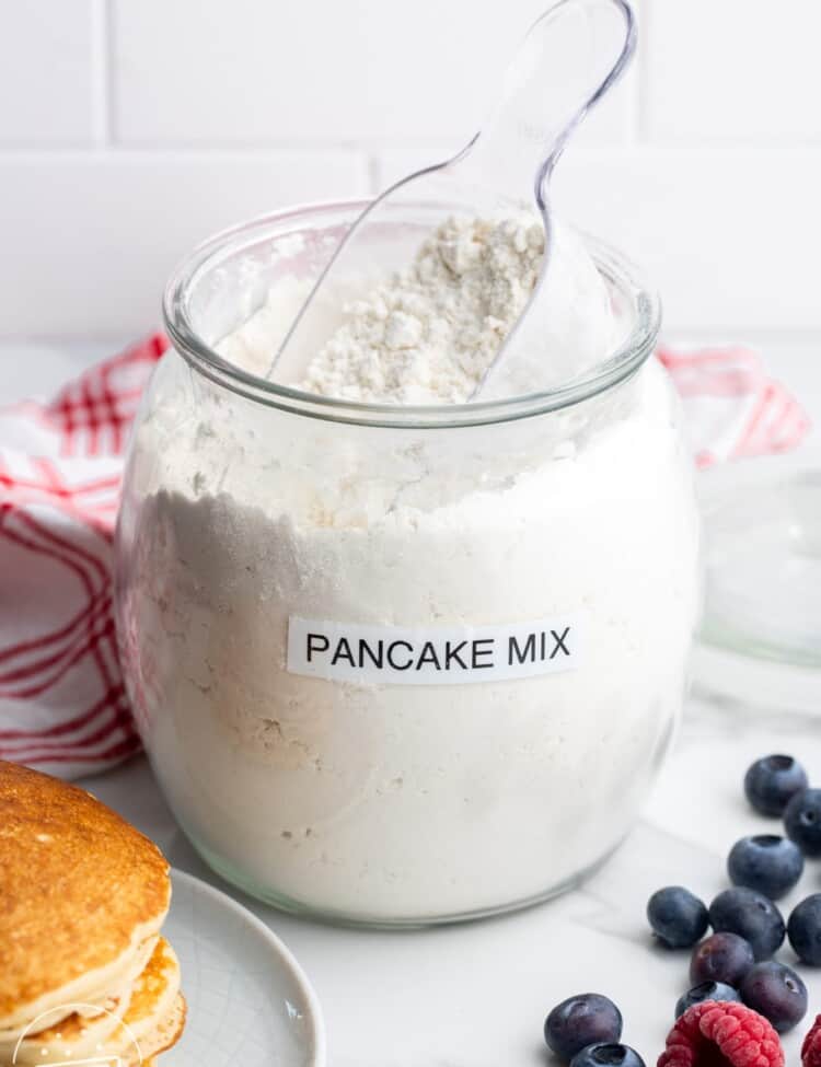 a large glass jar labeled "pancake mix".