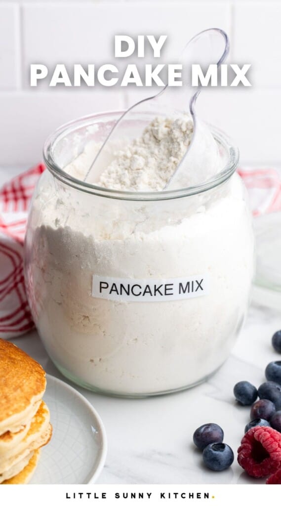 a large glass jar labeled "pancake mix". Text overlay on image says "DIY Pancake Mix"