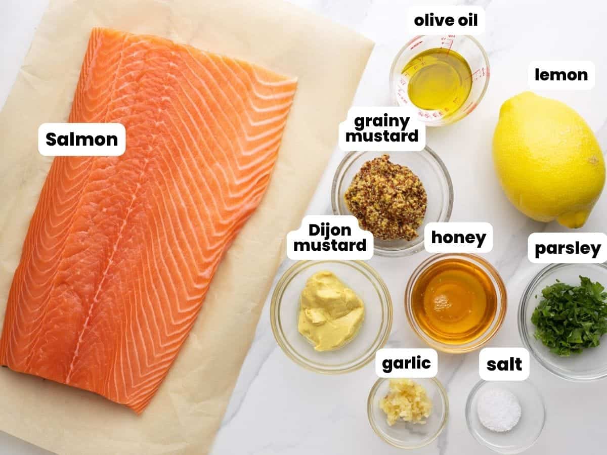 a large salmon filet next to seasonings needed to cook it.