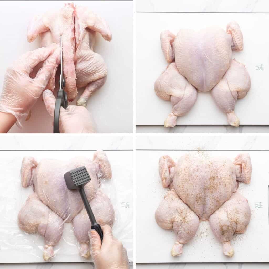 A collage of four images showing how to butterfly or spatchcock a chicken