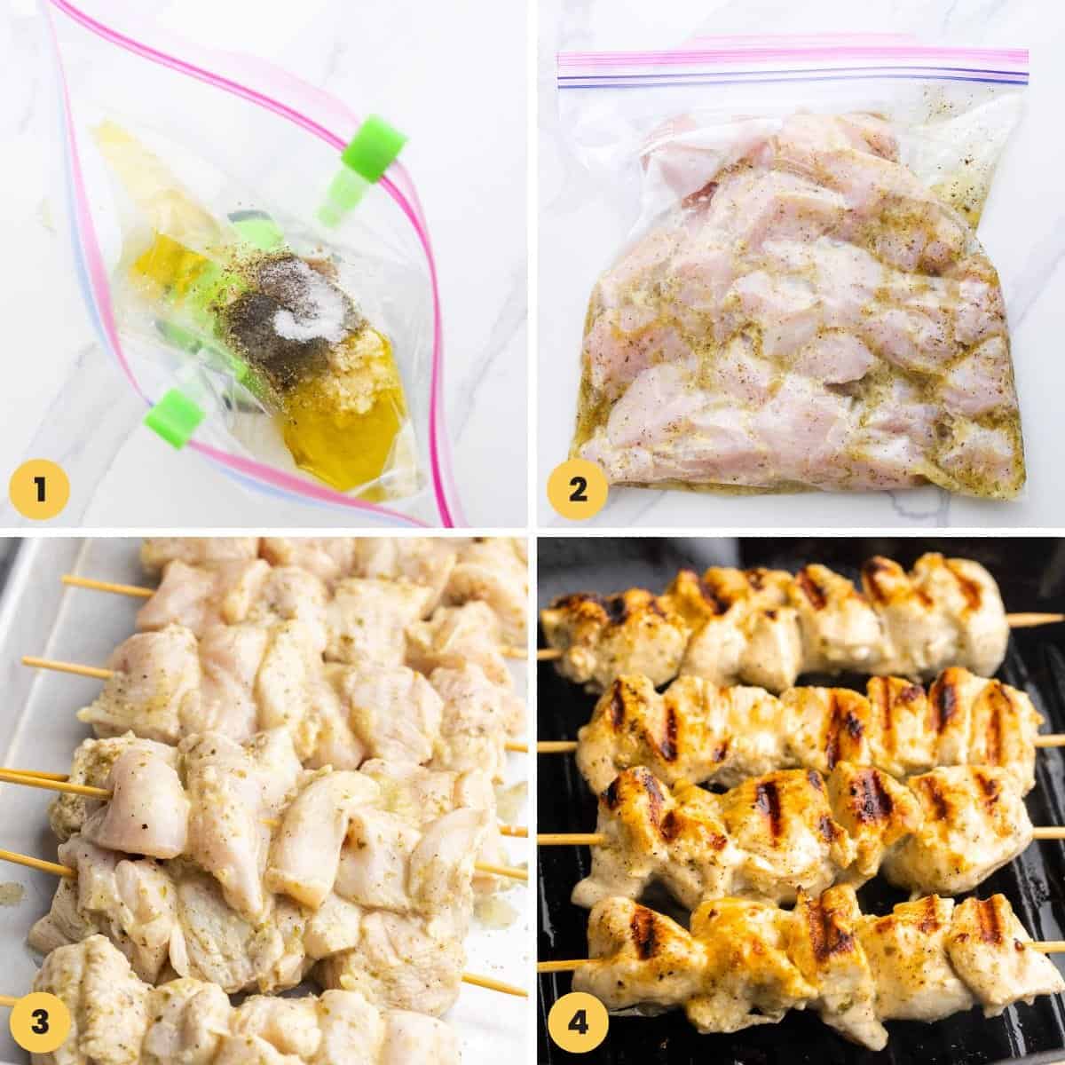 A collage of four images showing how to marinate, skewer, and grill chicken souvlaki.