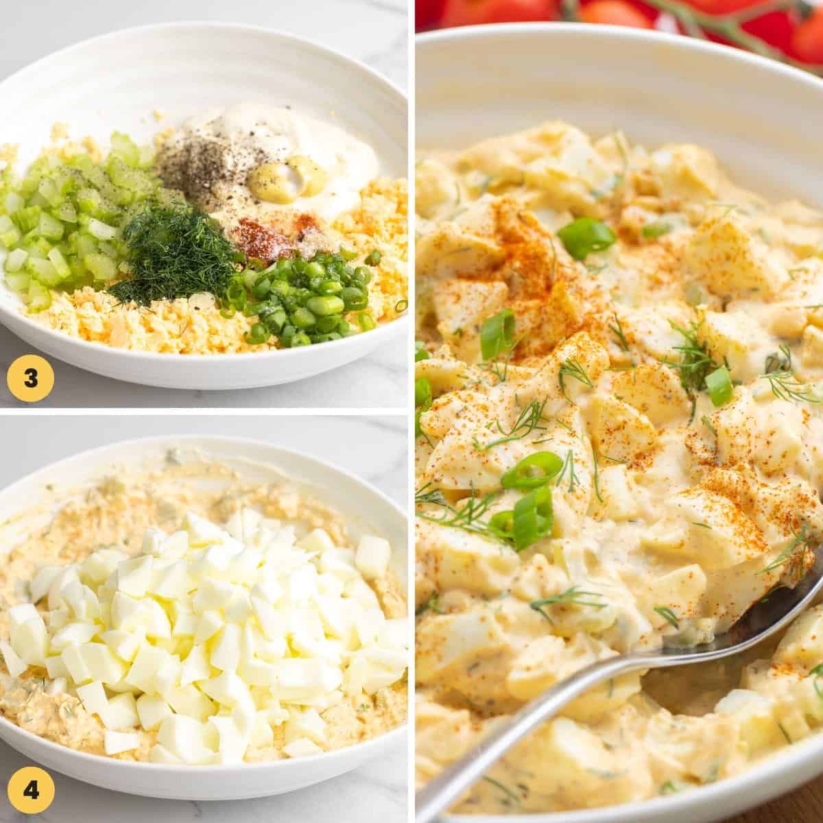 A collage of three images showing how to make egg salad.