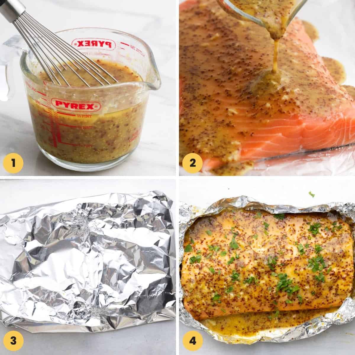 a collage of four images showing how to prepare and bake honey mustard salmon
