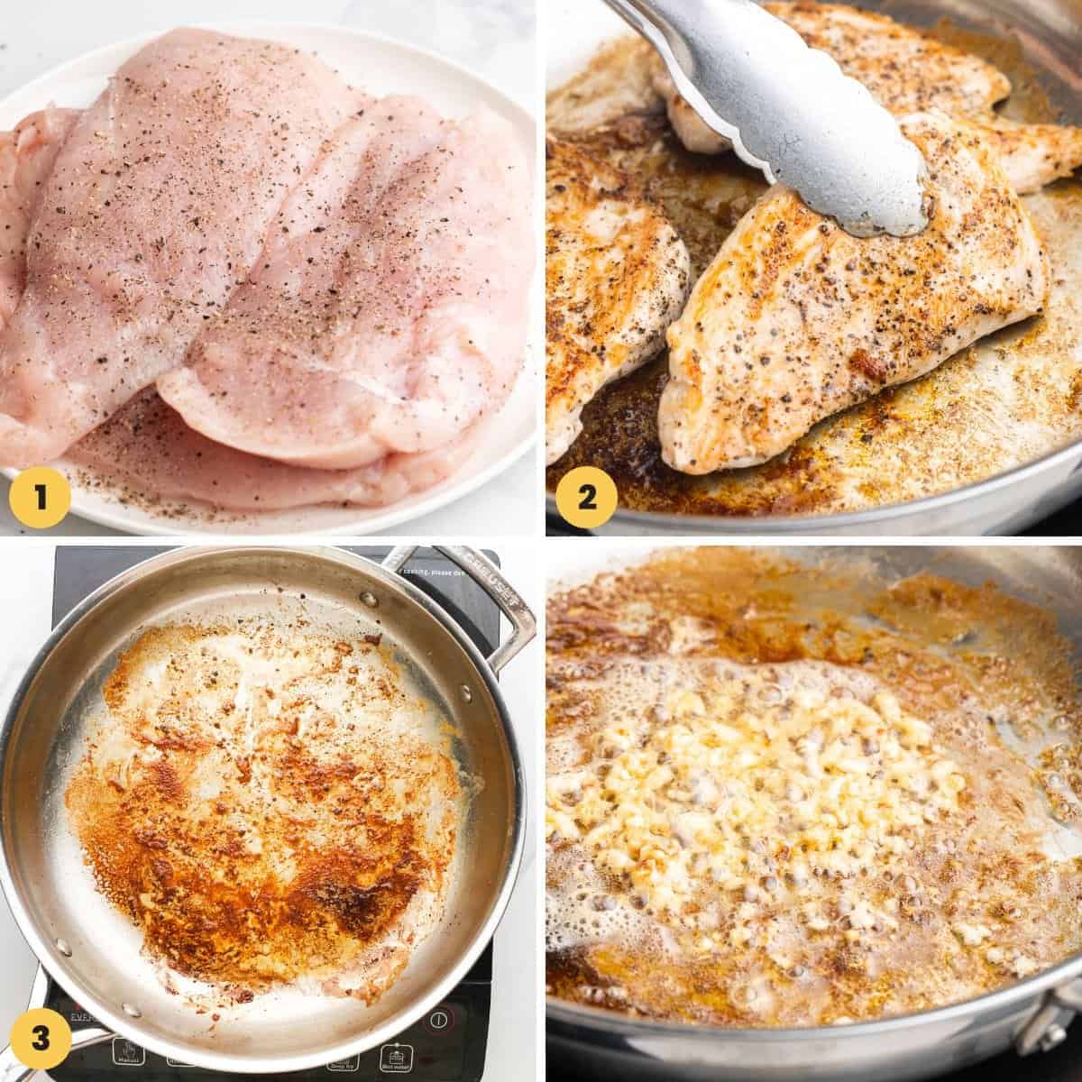 a collage of four images showing how to season and cook chicken in a skillet with rosemary and lemon.