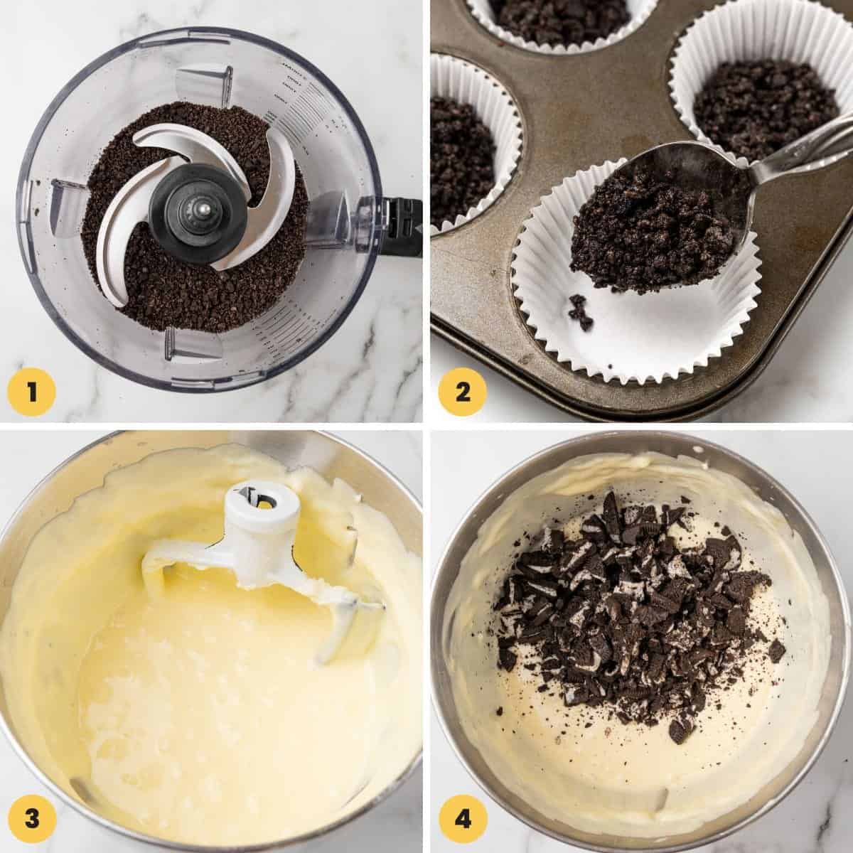 four images showing how to make oreo crust and filling for oreo cheesecake bites