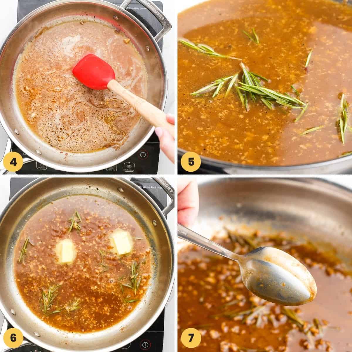 A collage of four images showing how to make a simple rosemary chicken pan sauce.