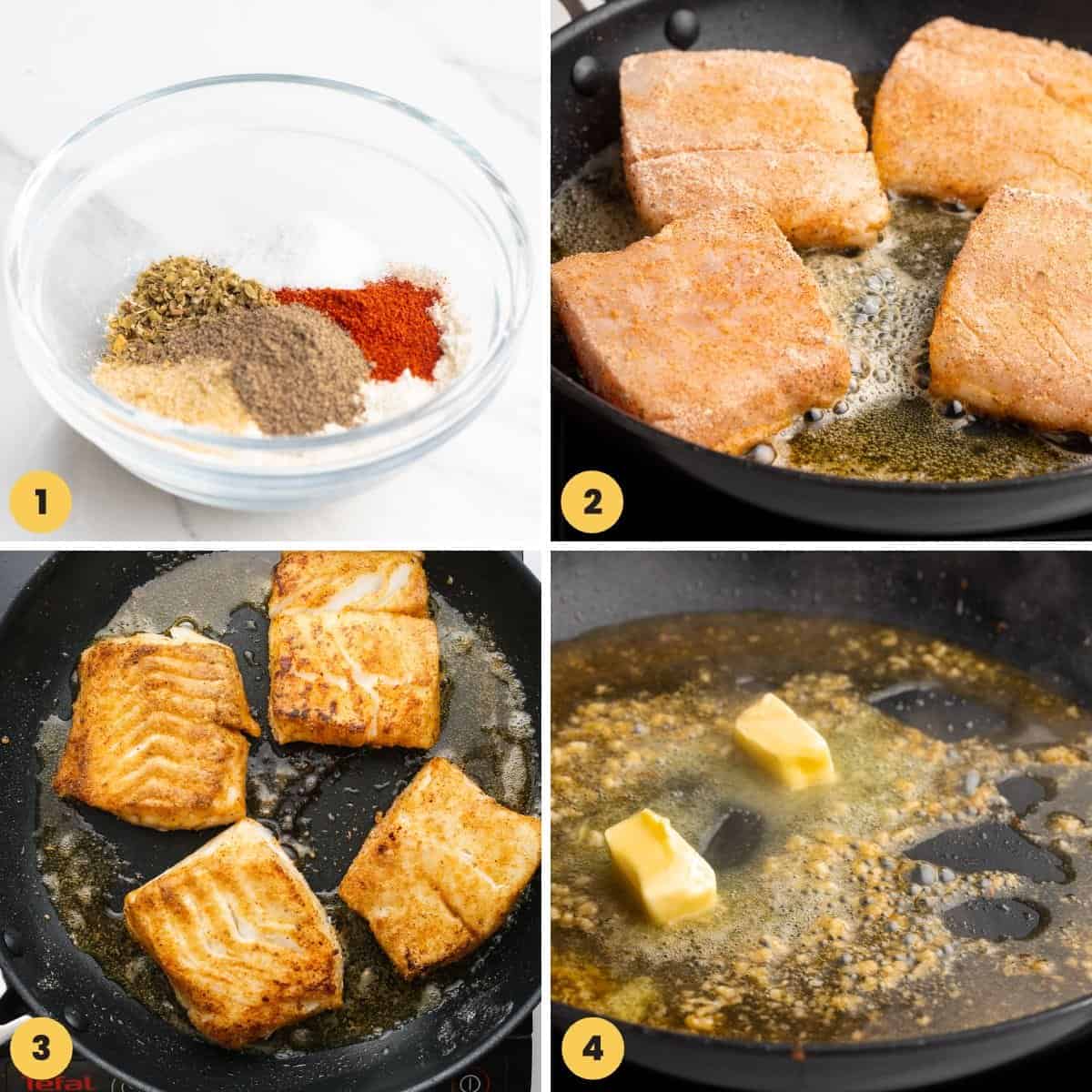 A collage of four images showing how to season and pan sear cod fillets and make a garlic butter sauce for them.