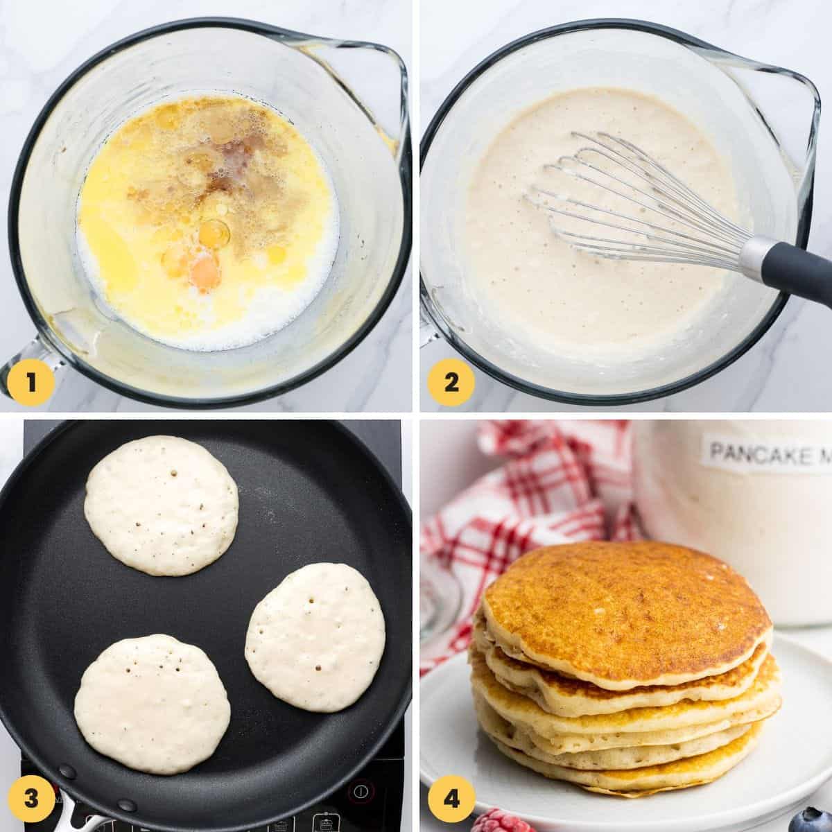 A collage of four images showing how to make pancakes from scratch.