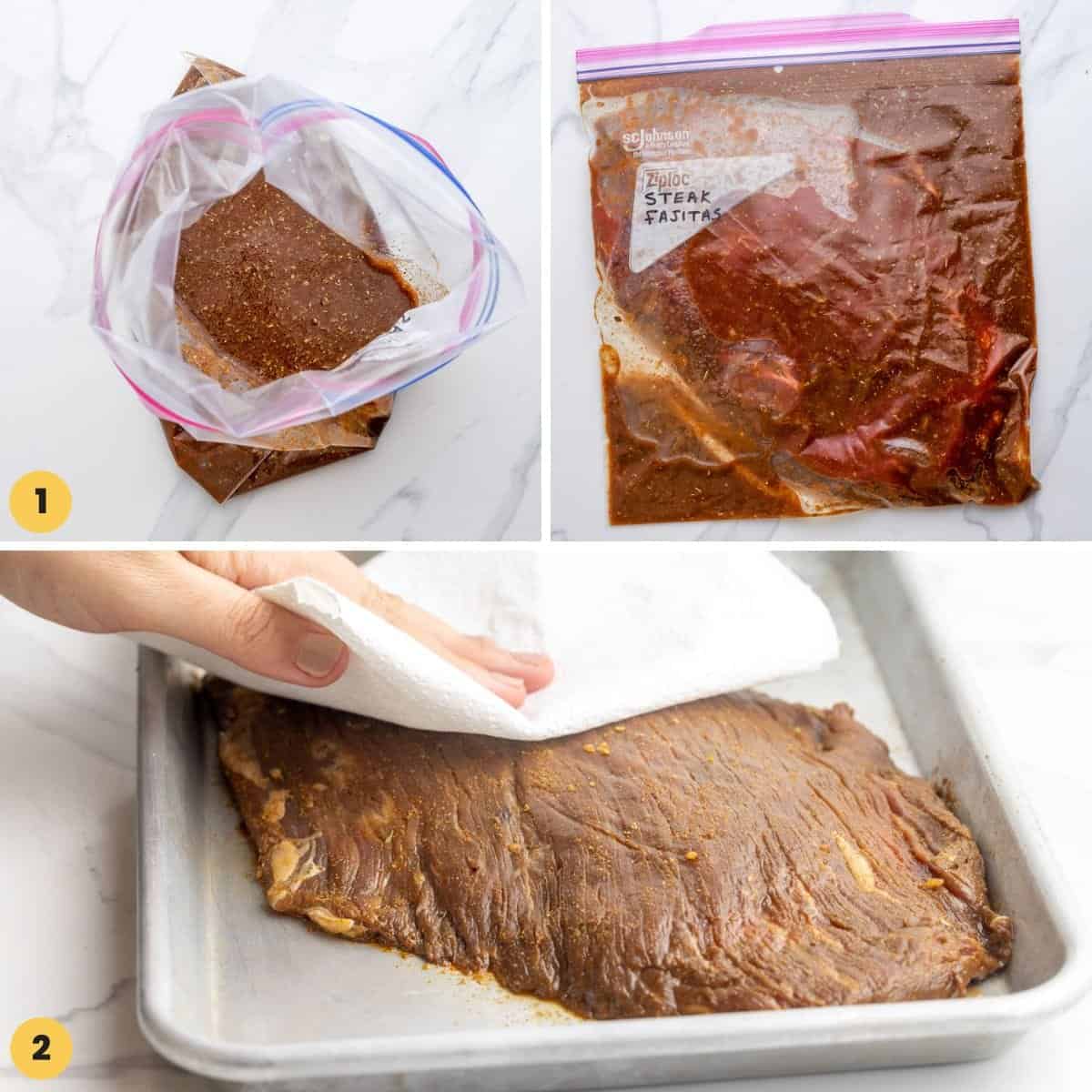 A collage of three images showing how to marinate a flank steak to make fajitas.