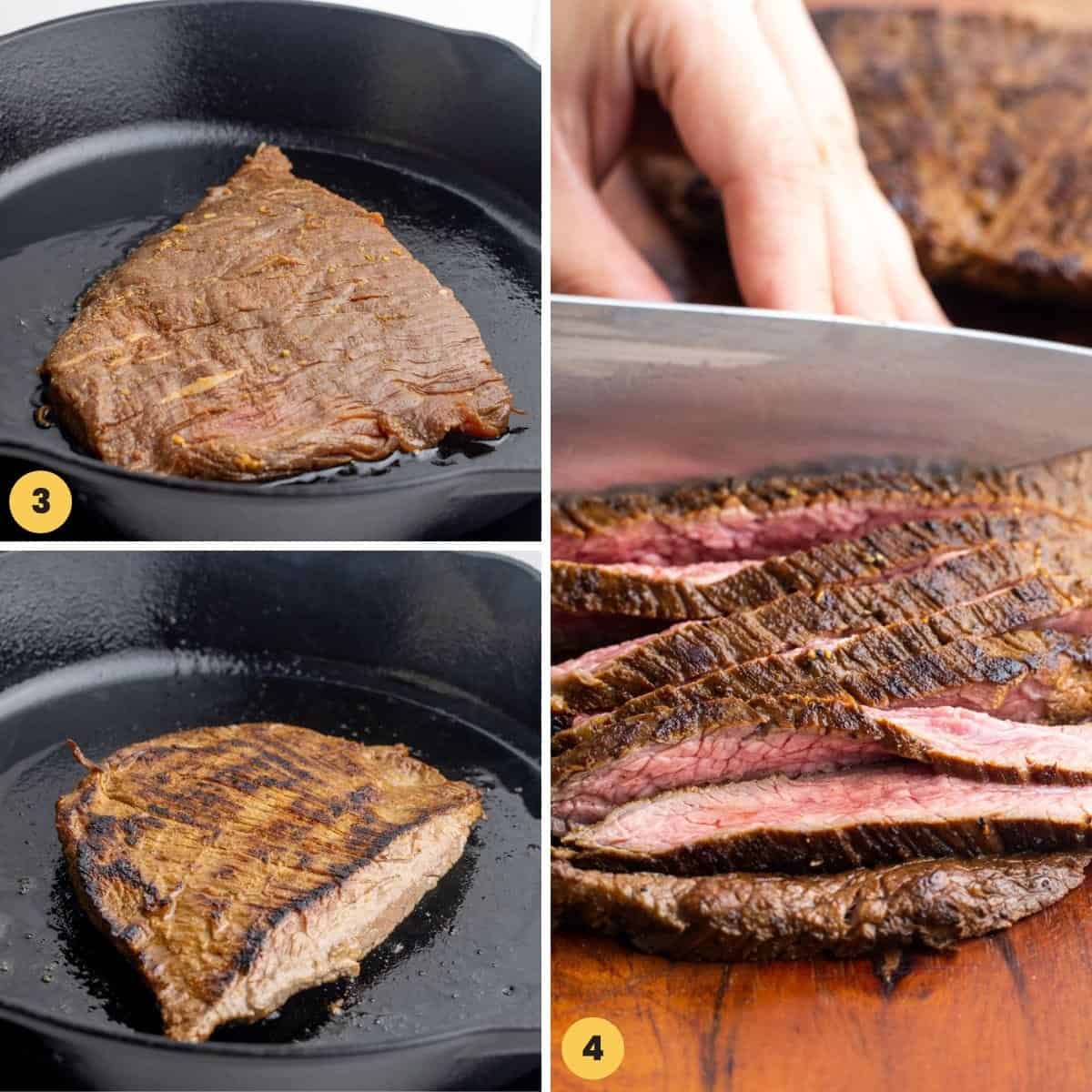 A collage of four images showing how to sear skirt steak in a cast iron pan and slice it.