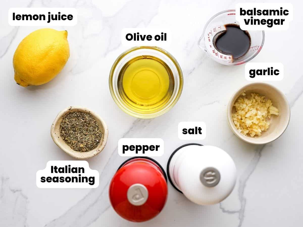 Overhead shot of ingredients needed to make Italian chicken marinade