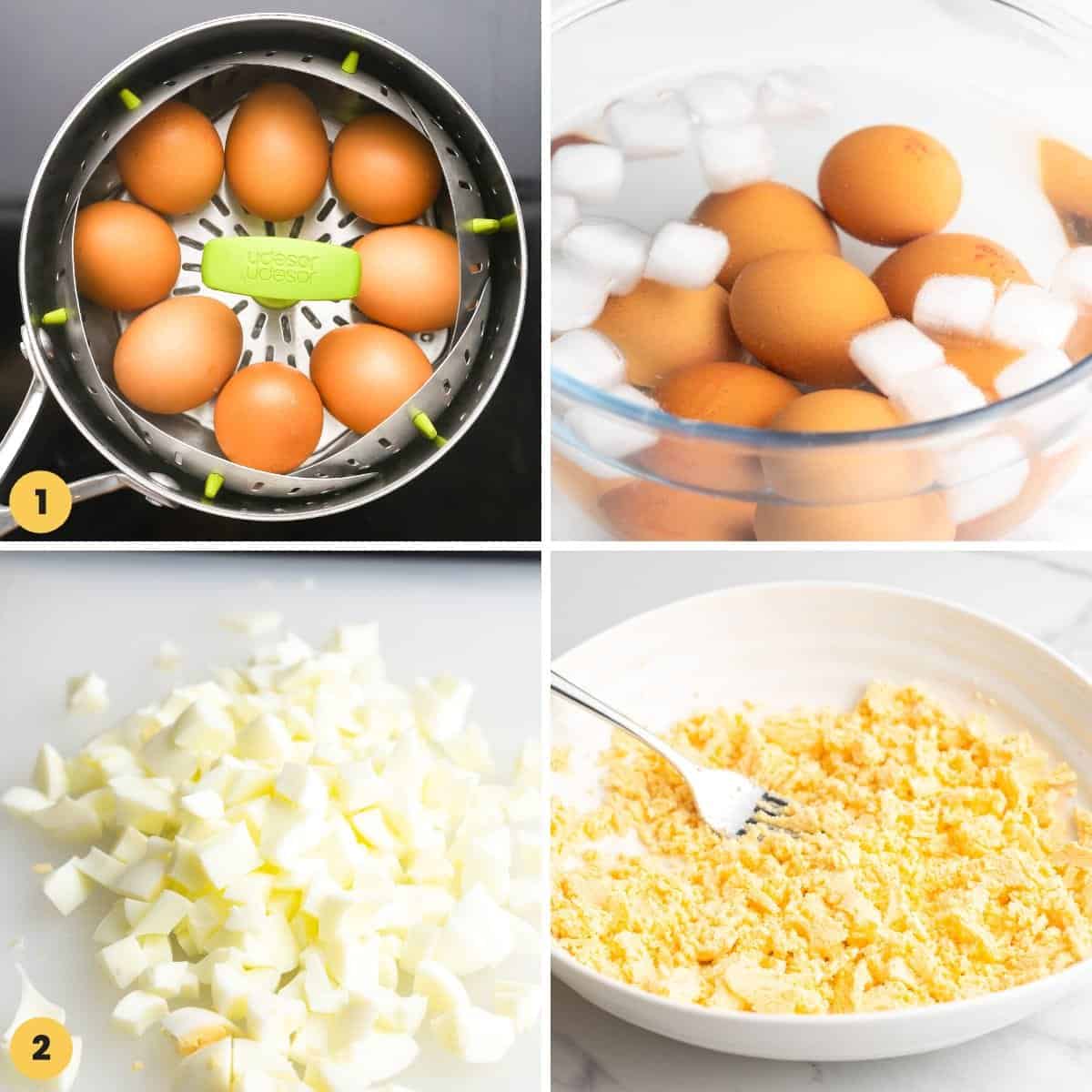 A collage of three images showing how to steam eggs and prepare them for egg salad.