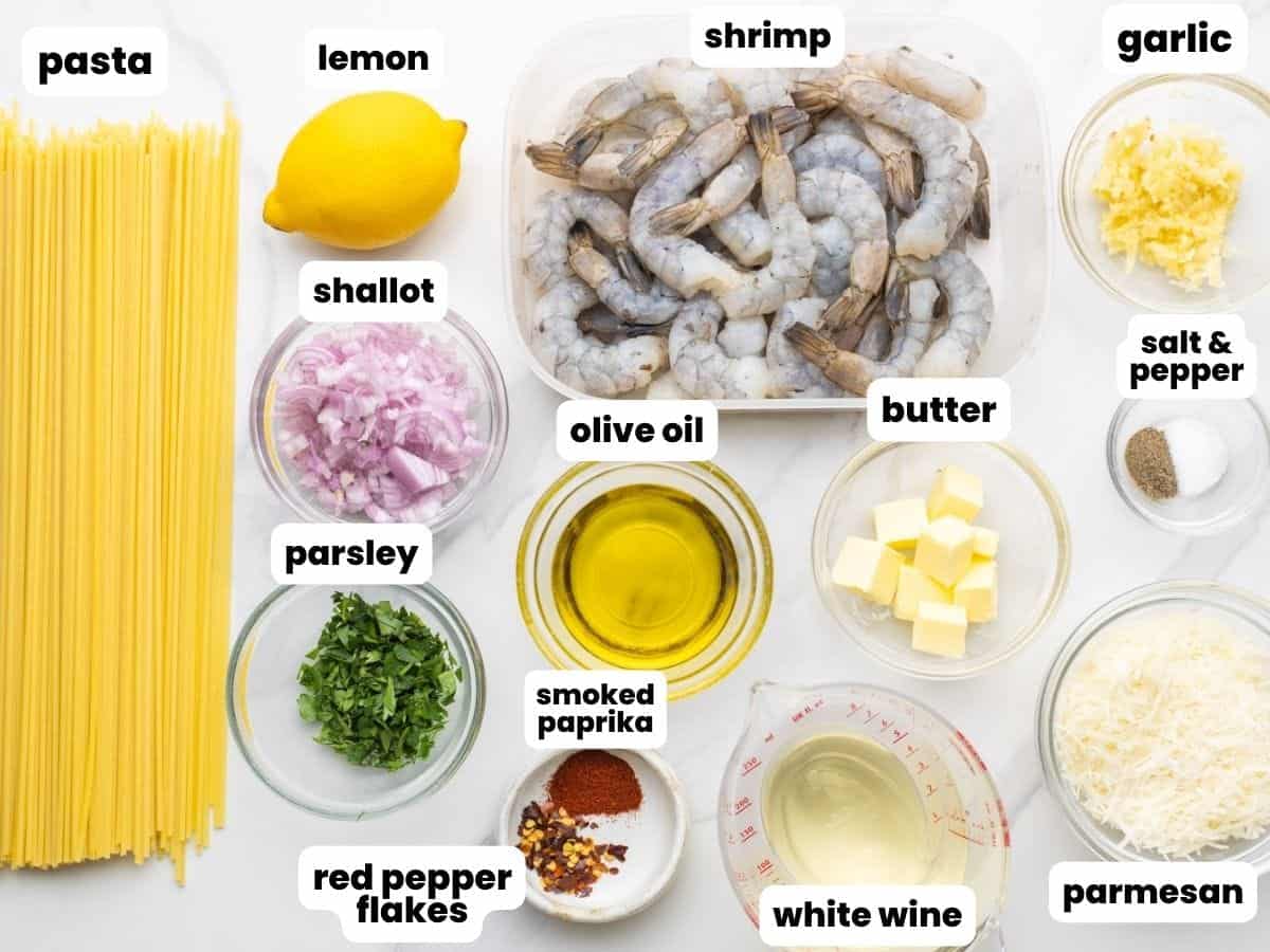 The ingredients for baked shrimp scampi with pasta, each measured out and arranged on a counter, text boxes label each image.