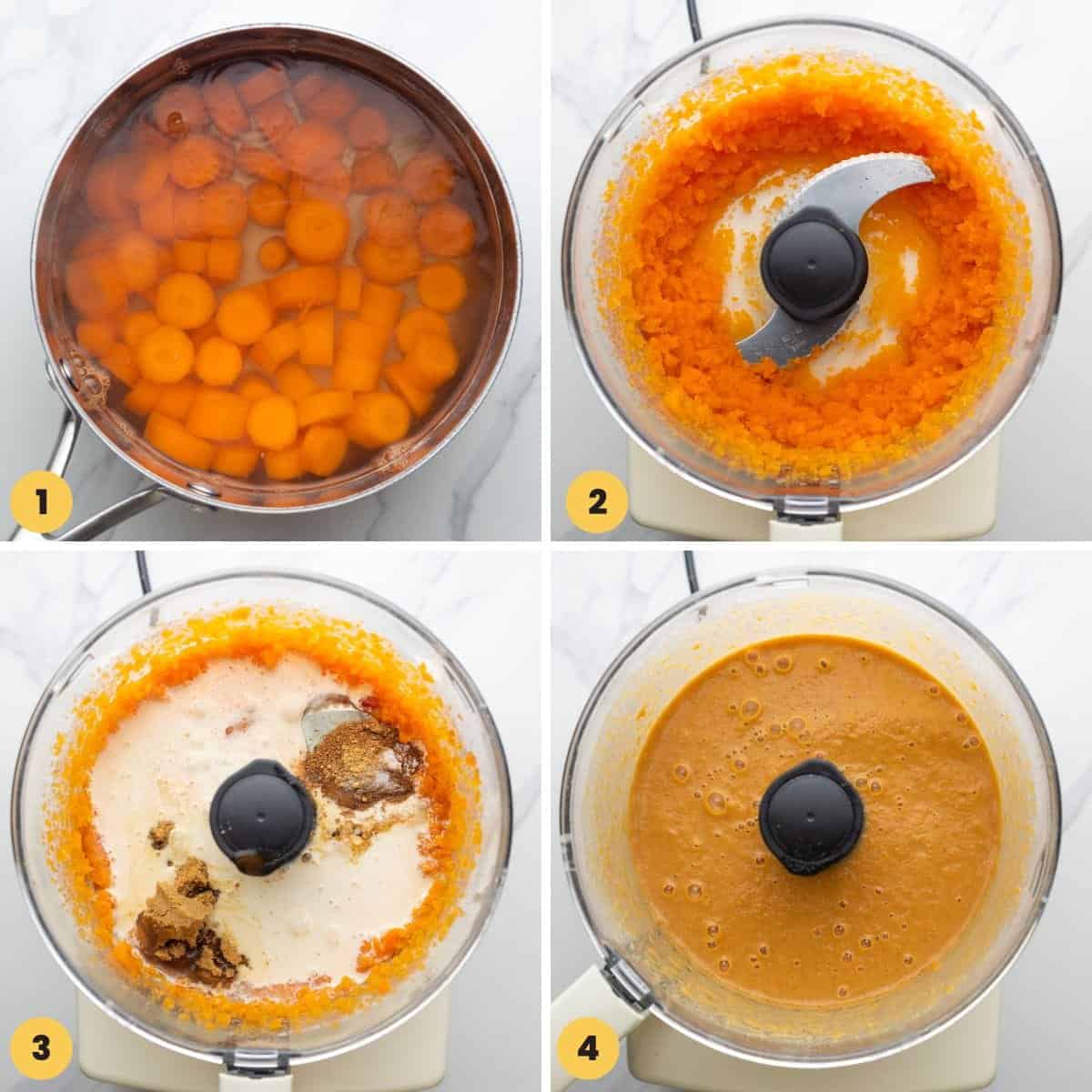 a collage of images showing how to make a pie filling with cooked carrots and a food processor.