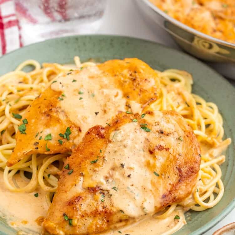 a green plate of pasta topped with seared chicken lazone and a creamy sauce
