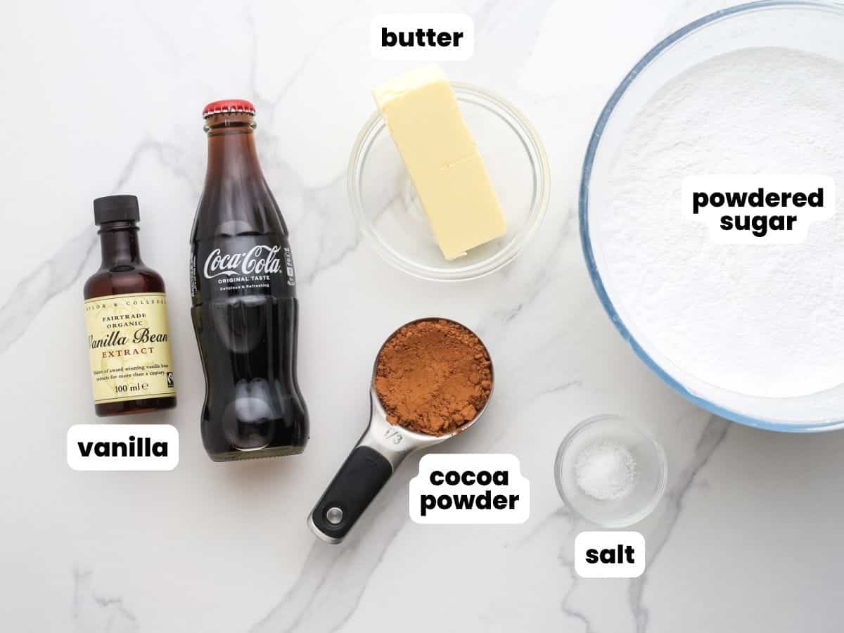 The ingredients for making frosting with coca cola