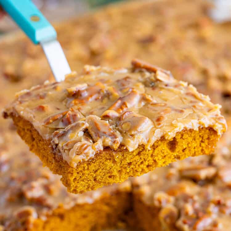 a piece of pumpkin sheet cake with pecan frosting, held up with a spatula.