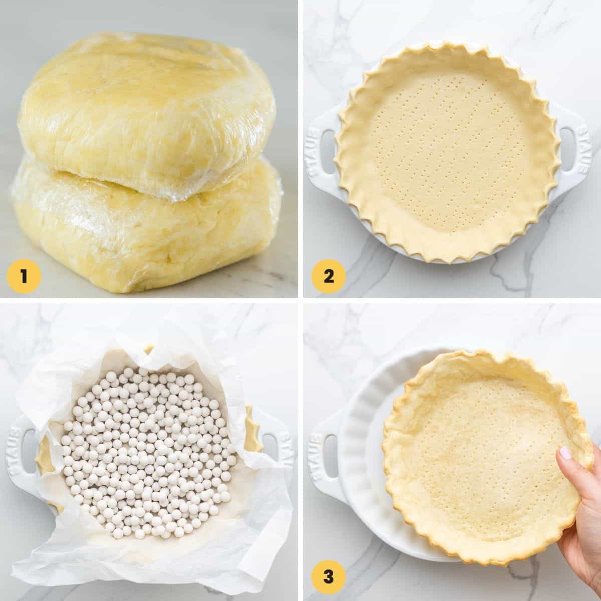 a collage of four images showing how to blind bake a pie crust.